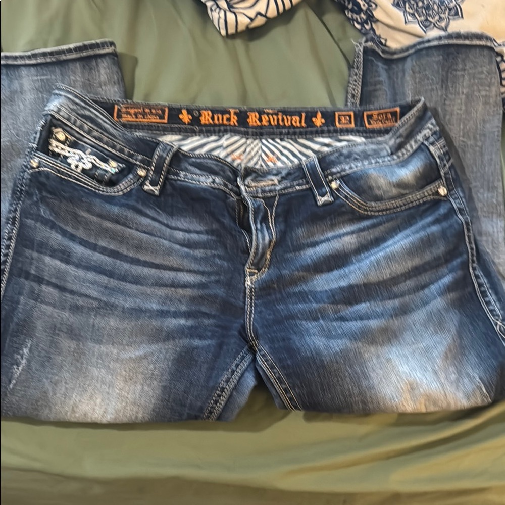 Rock Revival Blue Easy Capri with Contrast Stitching
